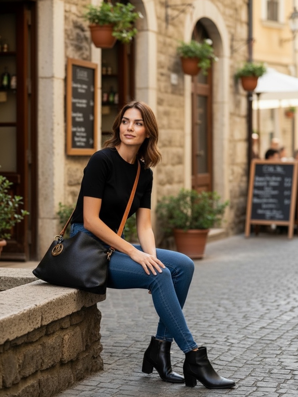Valentina Black Shoulder Bag with Tan Strap Made in Italy